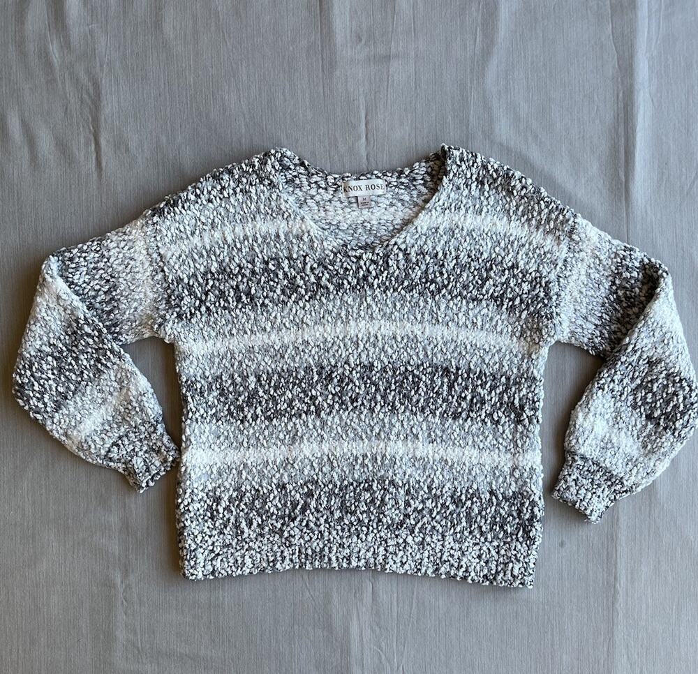 Knox Rose Women’s M Chunky Boucle Striped Sweater Gray Black Cozy Boho